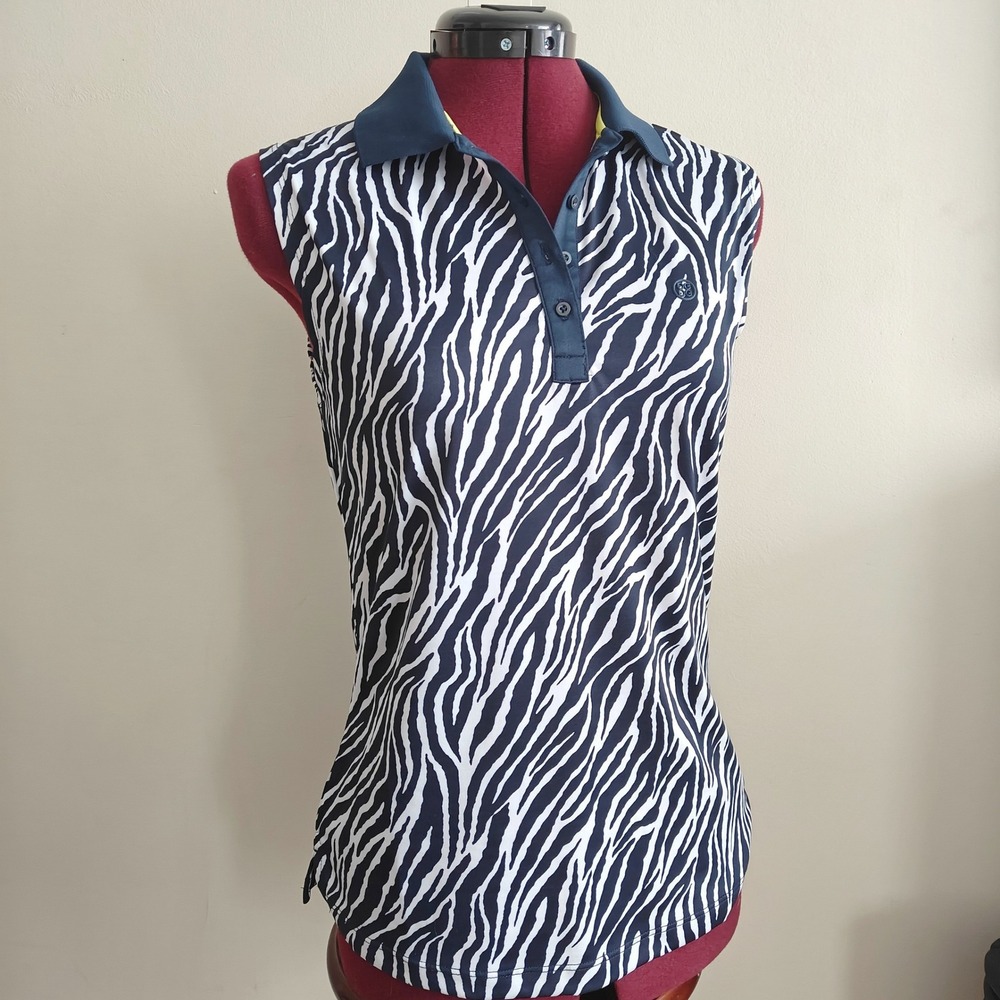 G FORE Womens Sleeveless Polo Zebra Print Golf Top Large Navy White Performance